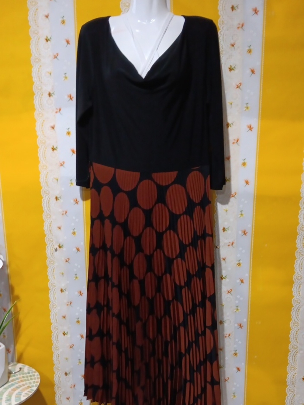 Black Top with Rust Polka Dot Pleated Skirt Two-Piece Look